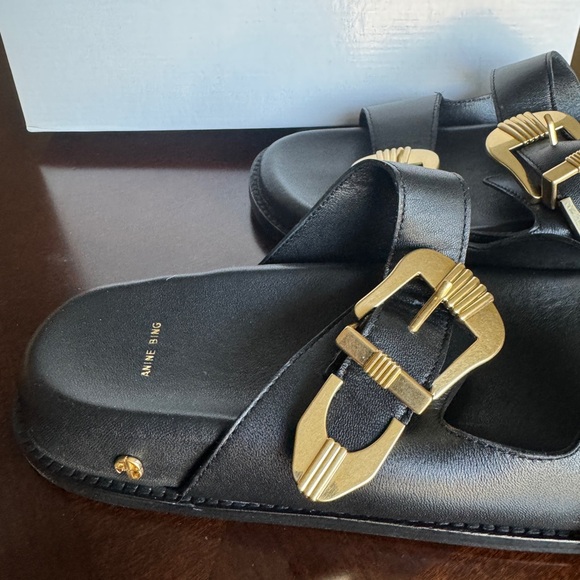 Anine Bing Waylon Slides - Black and Gold Buckle leather Sandals - Picture 9 of 16